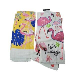 4pc Cotton Kitchen Dish Towels Flamingos Summer Palm Leaves Yellow Pink Novelty